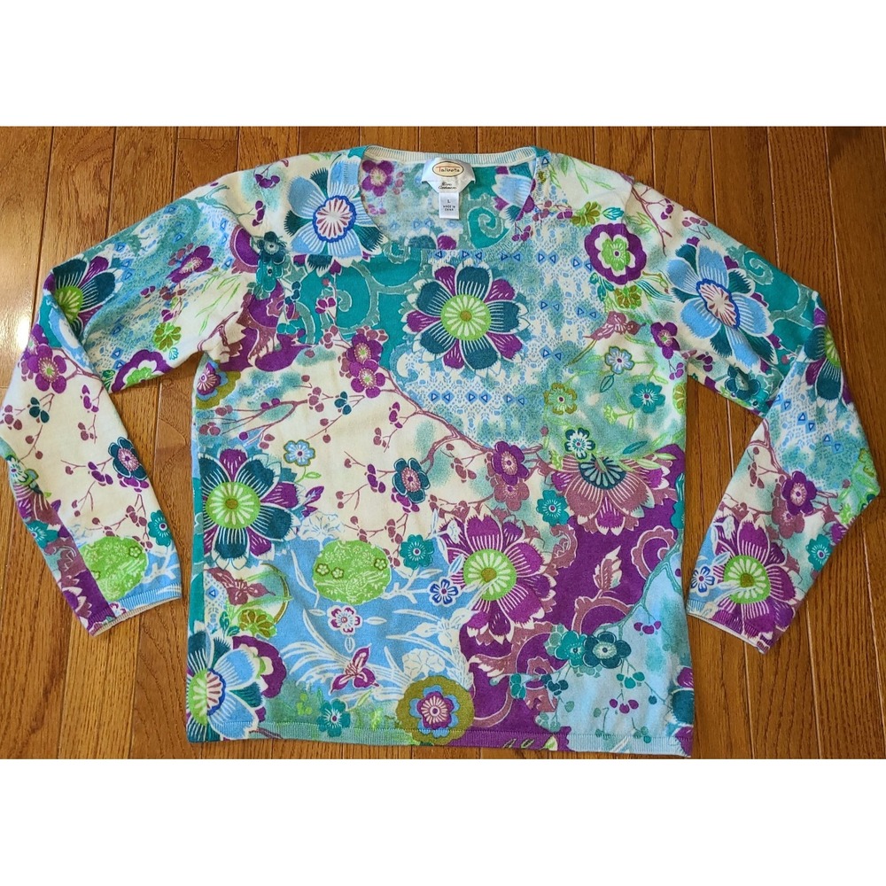 Talbots Women Cashmere Sweater Large Blue Purple Floral Garden Sophisticated
